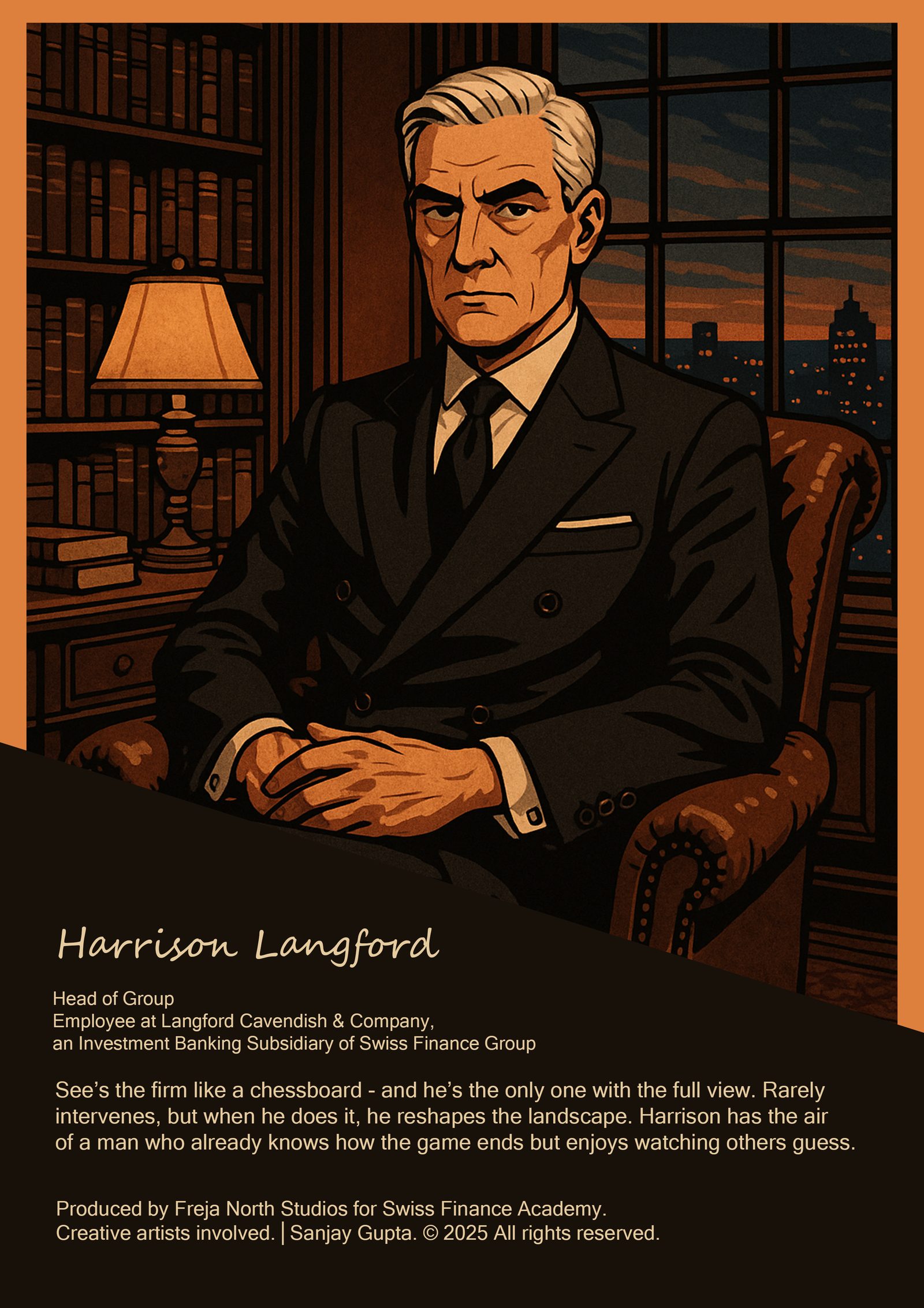 Illustrated office poster of a seated figure in a wood-panelled study