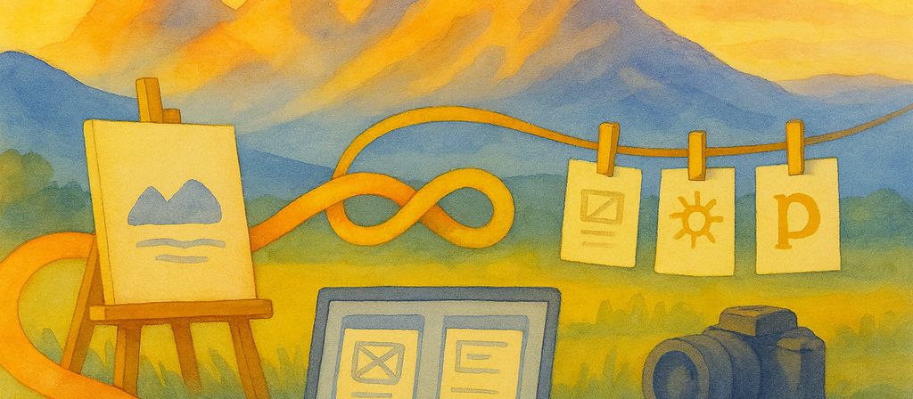 Painting of a designer’s desk with a camera, notebook and laptop, mountains behind