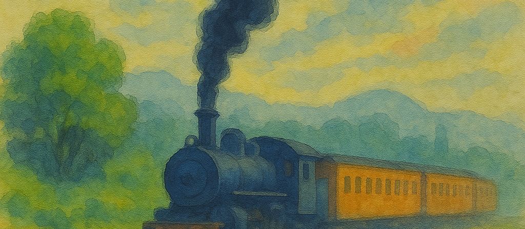 Painting of a steam train crossing a bright landscape
