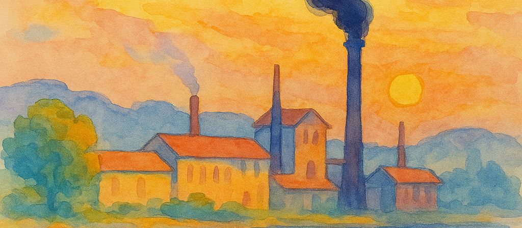Painting of a harbour with a smoking chimney at dusk