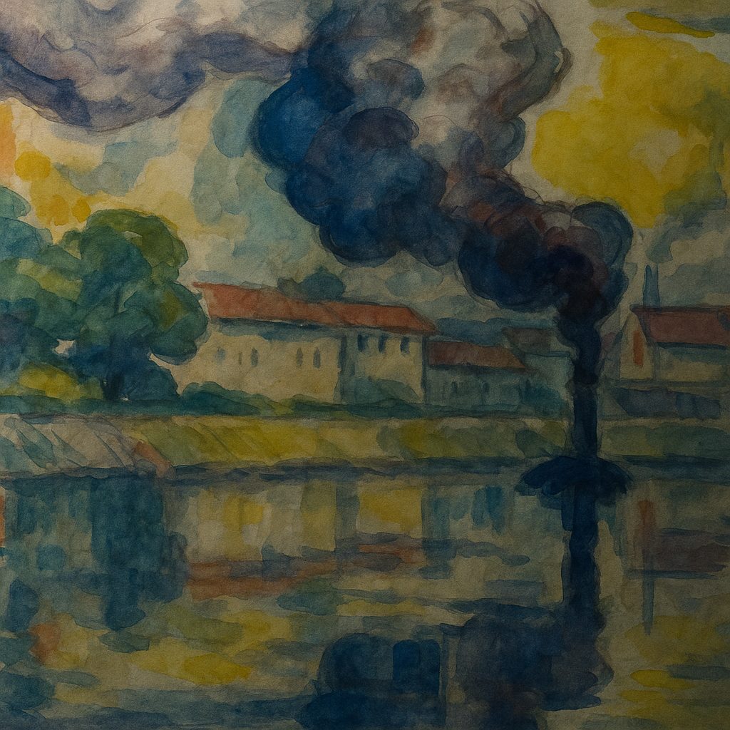 Painting of a sailing boat on a lake at dusk with a plume of smoke rising behind