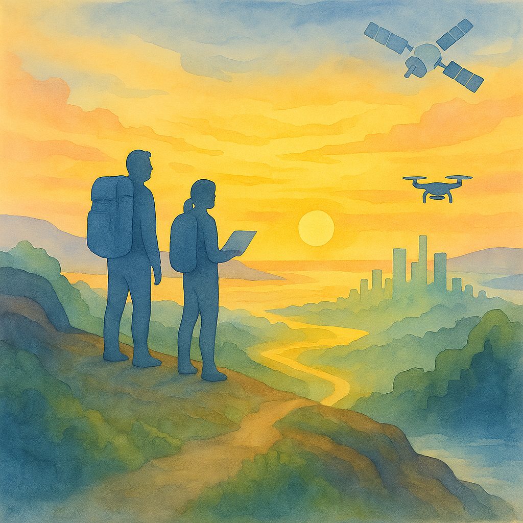 Painting of two explorers walking towards a sunrise with drones overhead