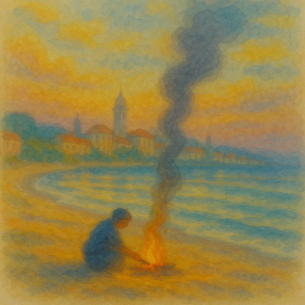 Painting of a figure by a small fire on a lakeshore