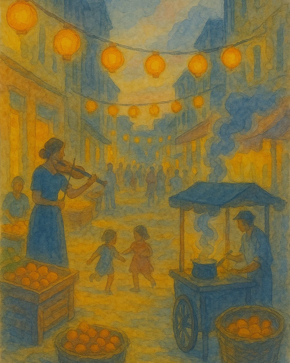 Painting of a woman at a lantern-lit night market stall