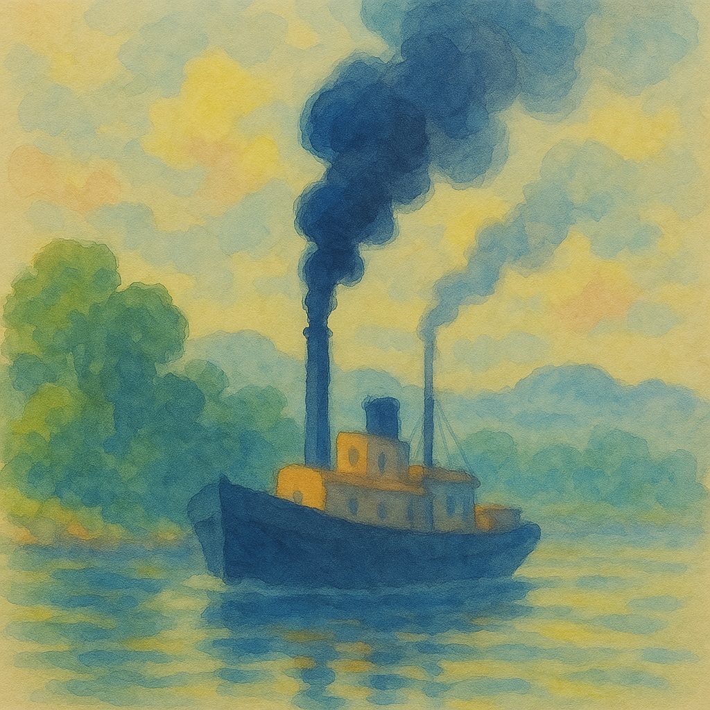 Painting of a blue steamboat on a lake