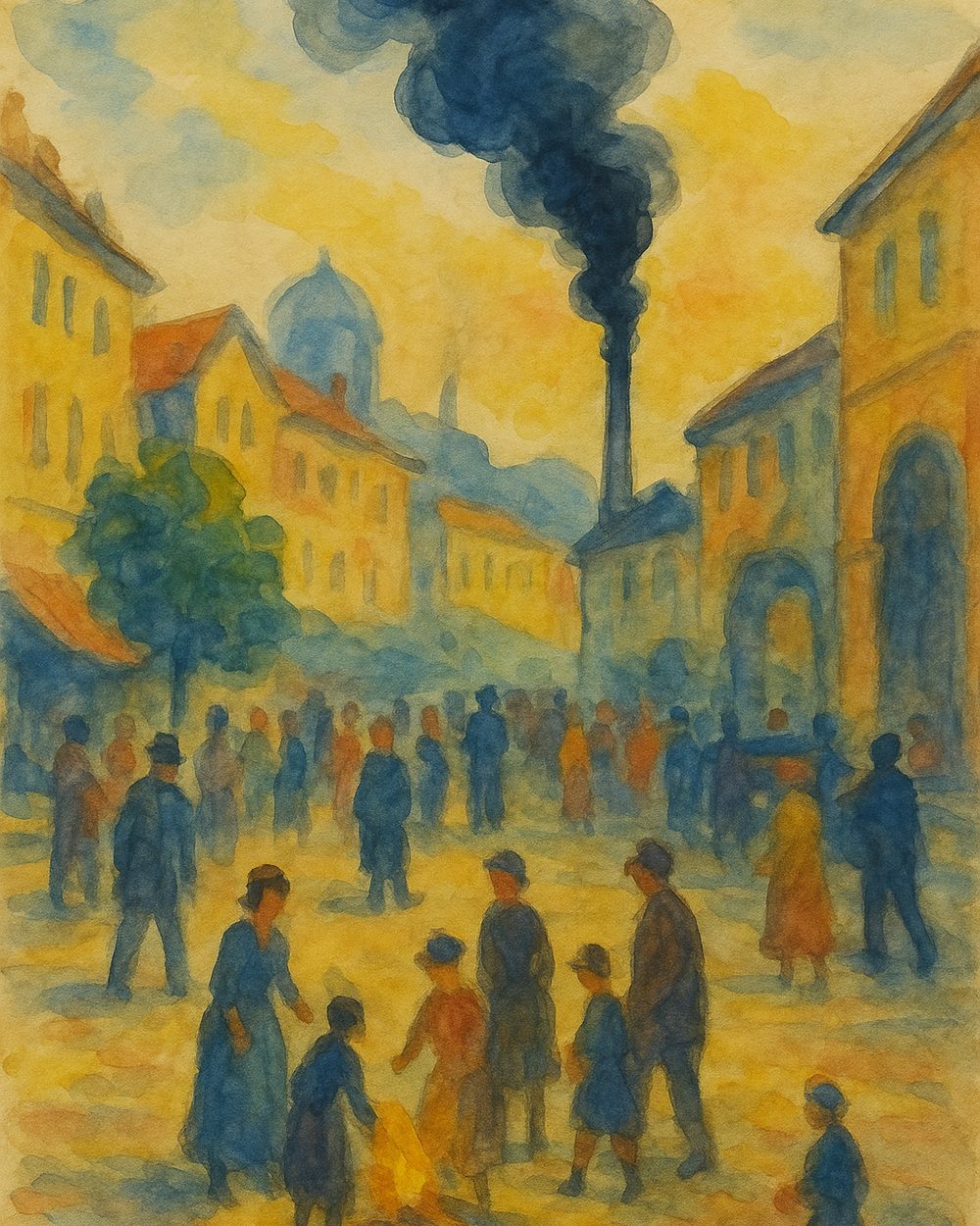Painting of a busy street with chimneys and evening light