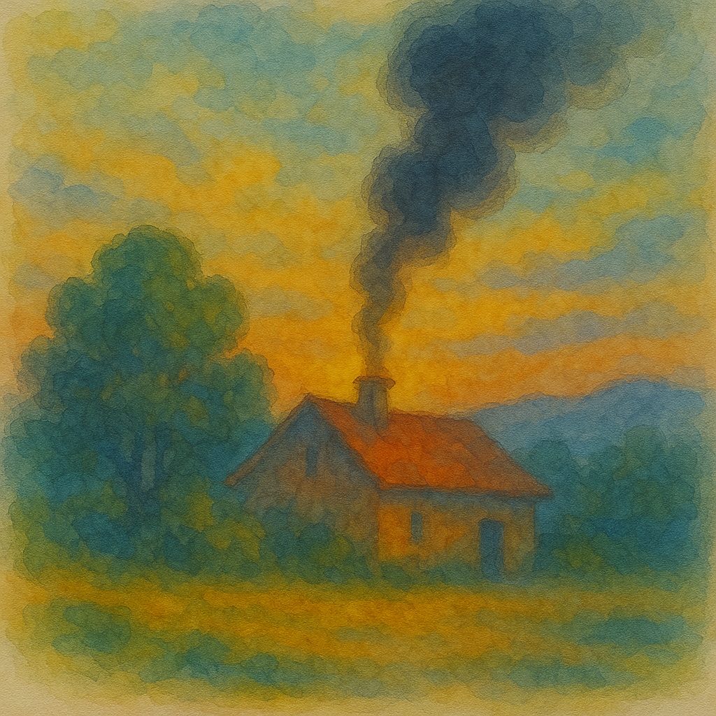 Painting of a village by the water with a tall chimney