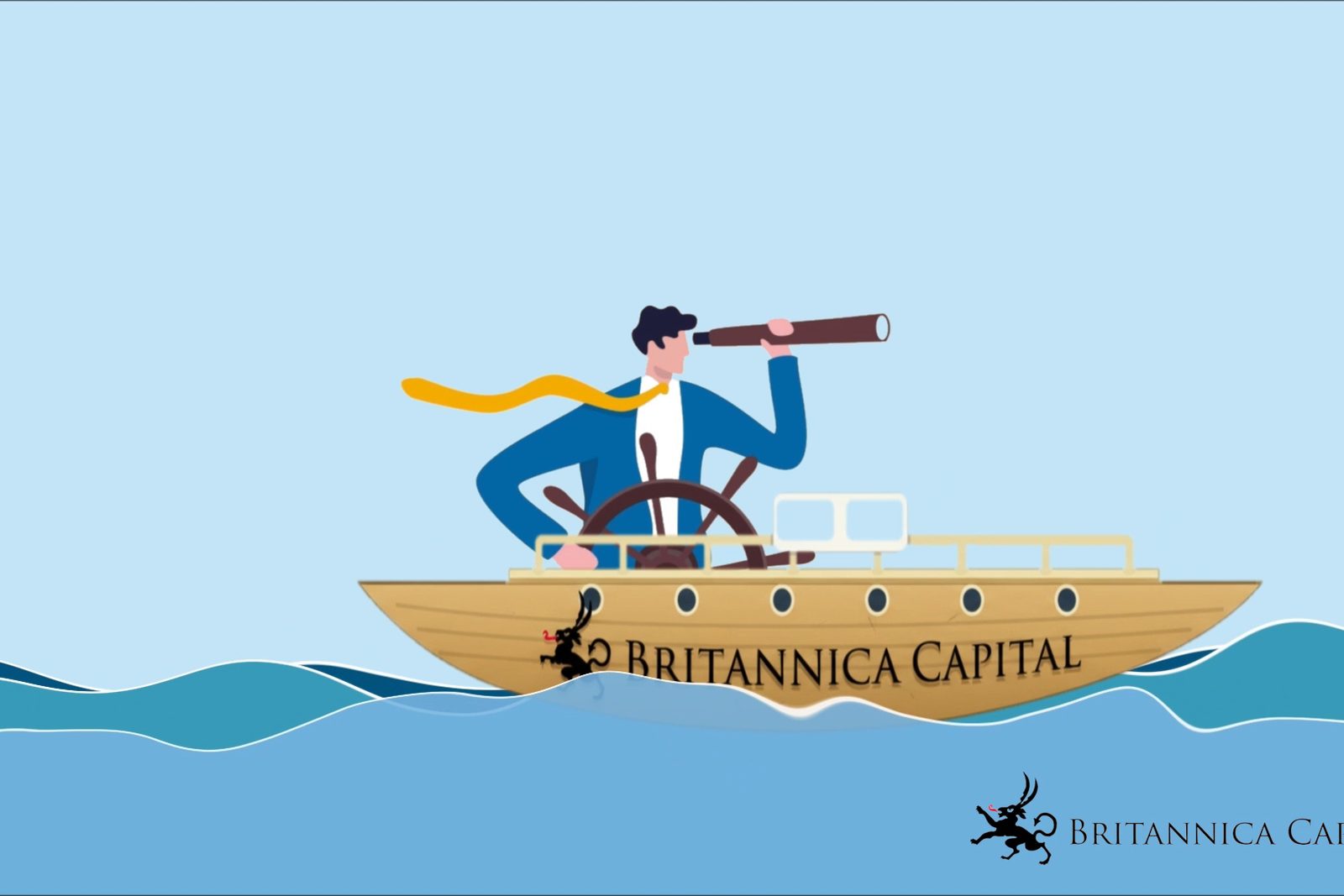 Still from the animated explainer film: an illustrated captain with a telescope steering a small boat