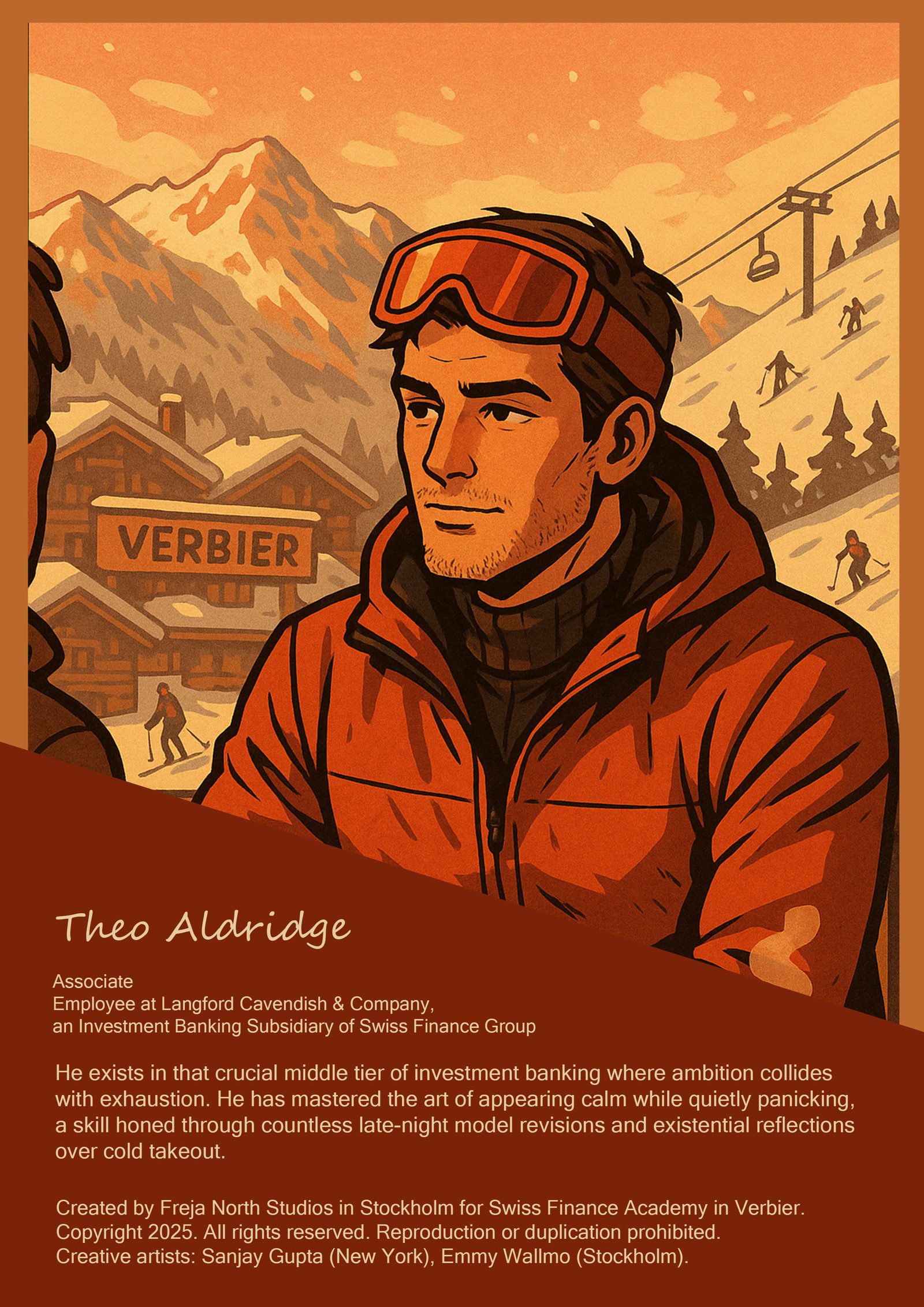 AI-animated poster created for Swiss Finance Academy: an illustrated figure in ski goggles in front of a mountain lodge